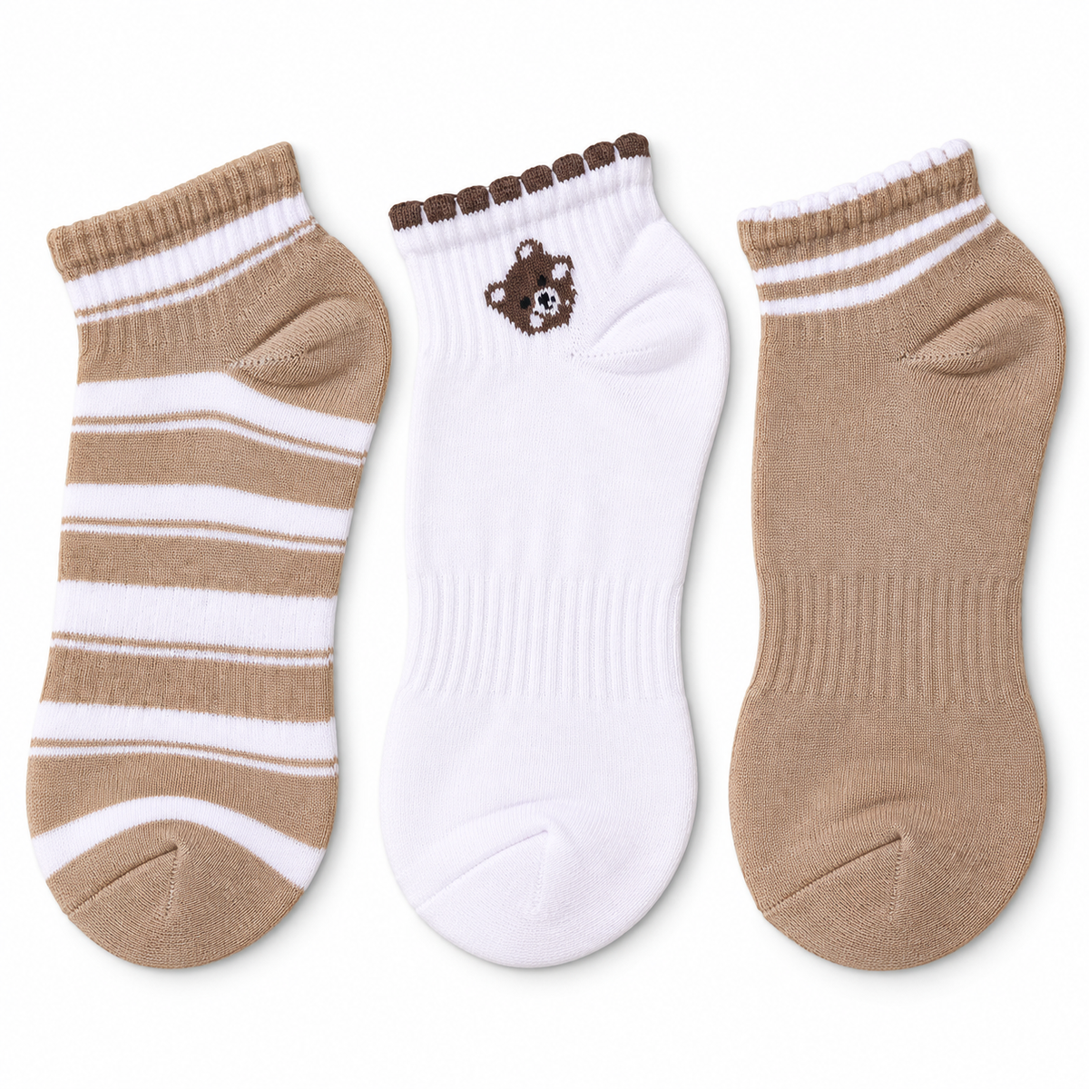 Three pairs of ankle socks displayed side by side on a white background. The left sock is beige and white horizontally striped with a beige toe and heel.