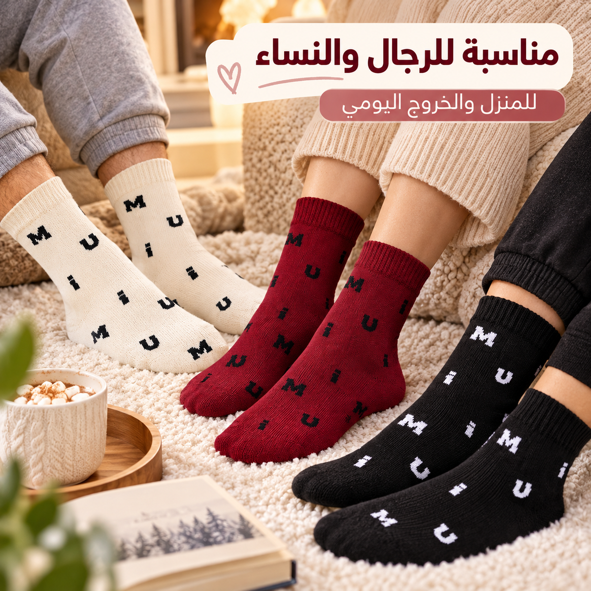 Three pairs of ankle socks worn by people sitting on a fluffy cream rug in a cozy indoor setting. The socks have a repeating 'MUM' pattern in black, white, and red.