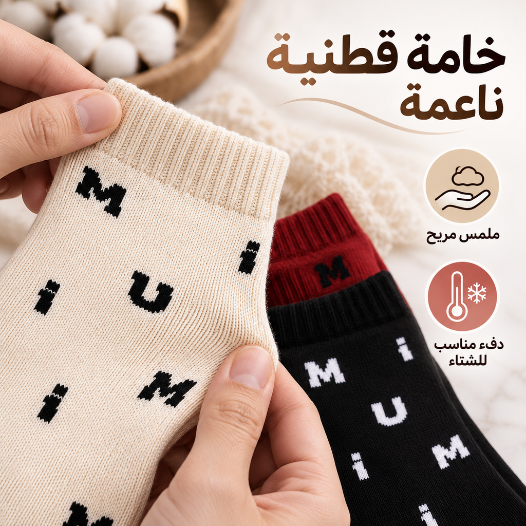 A pair of knit socks with black and white lettering on a beige sock and a red and black sock, held by hands against a cozy background with Arabic promotional text and feature icons.