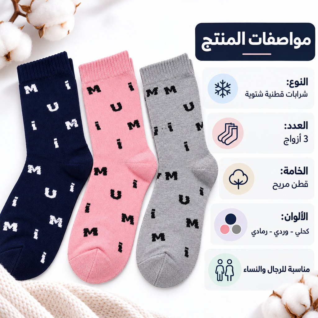 Three pairs of printed socks in navy blue, pink, and gray, laid out on a white background with cotton stems and a knit blanket. A dark blue text panel on the right contains Arabic product information with icons.