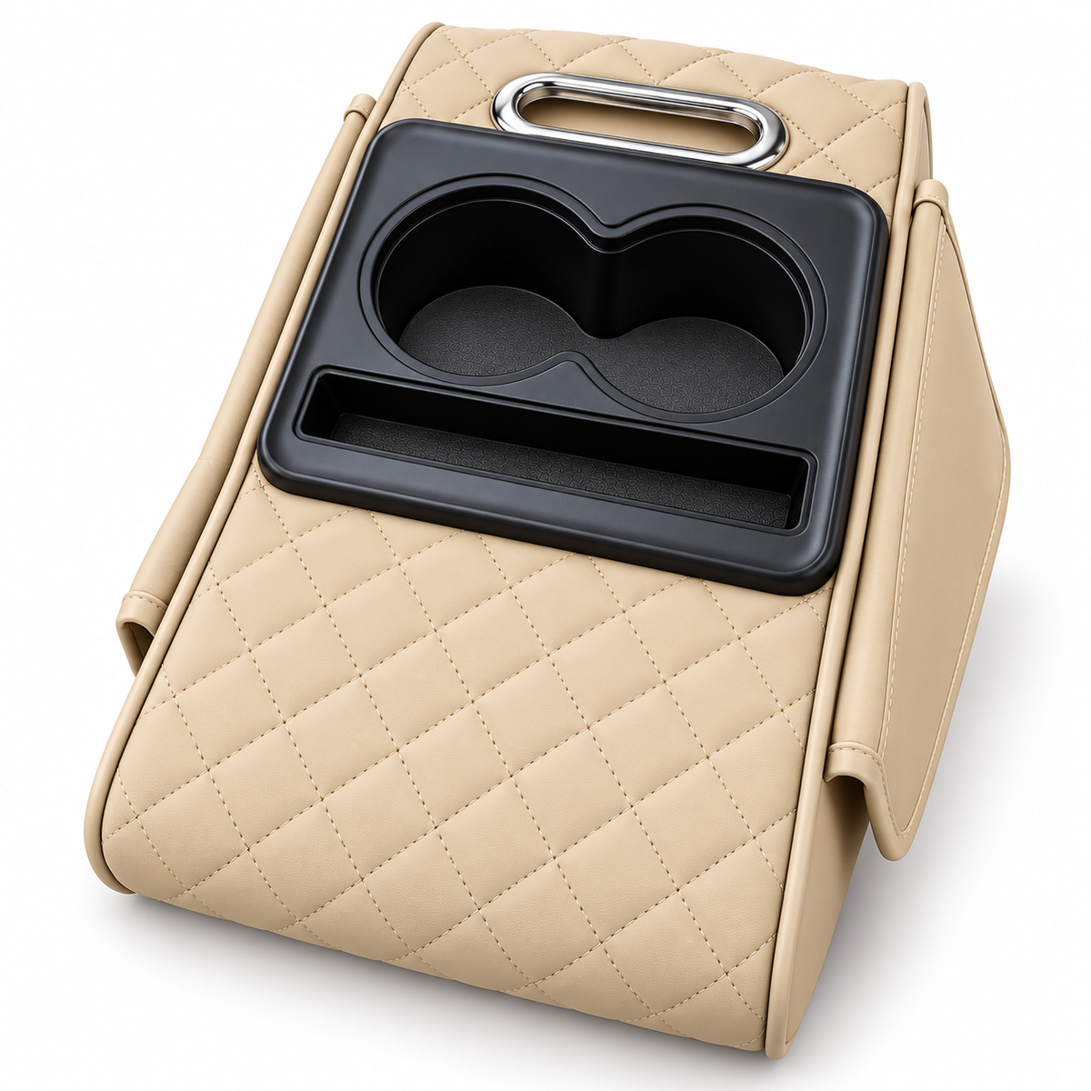 Beige quilted car center console armrest with a black dual cup holder insert and silver handle, shown on a white background.
