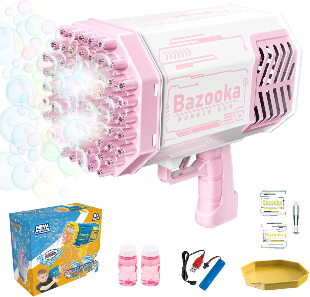 Pink and white Bazooka bubble gun toy shown with bubble bottles, accessories, and retail box on a white background.