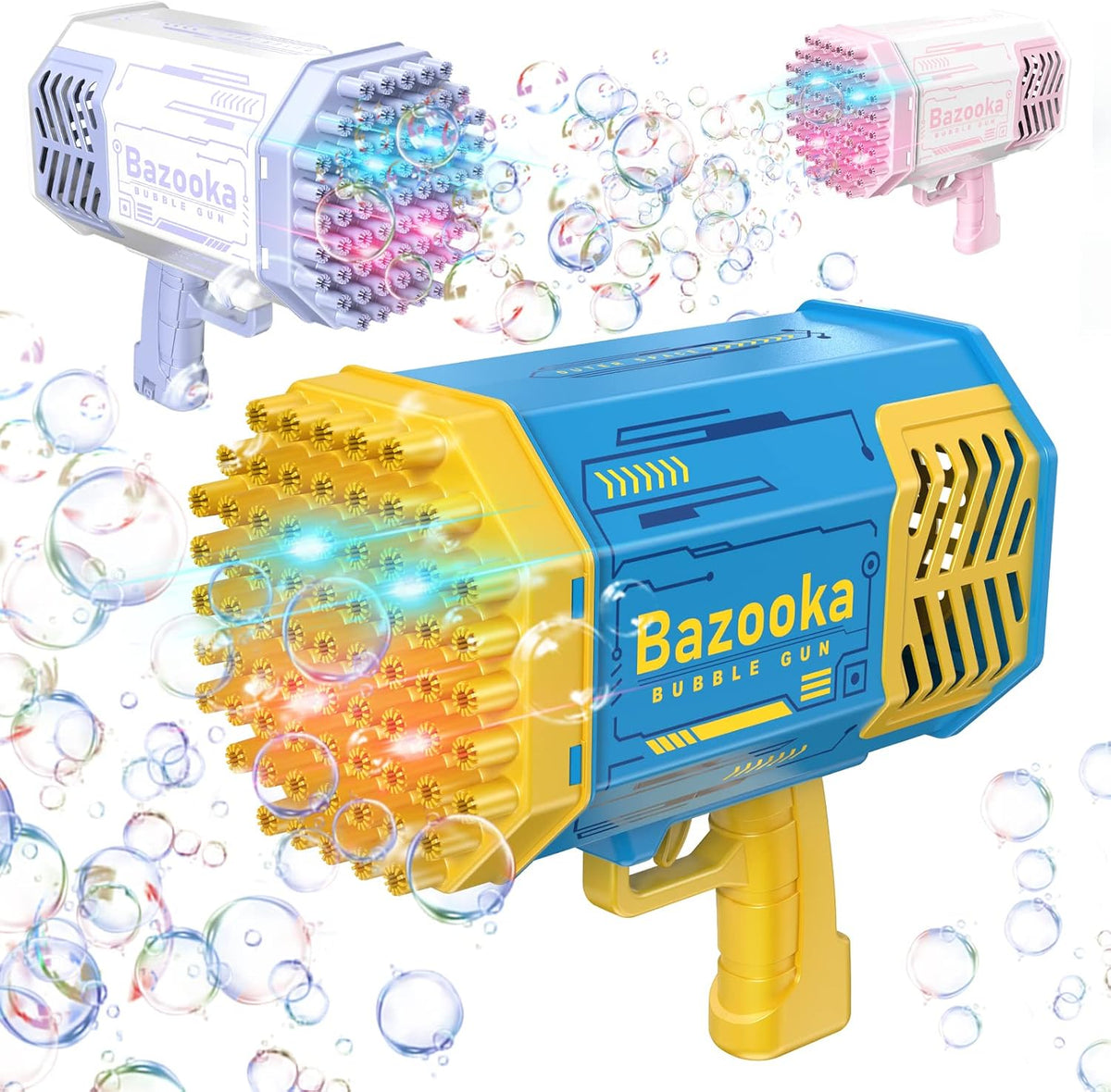 Bubble gun toys with colorful bubbles on a white background