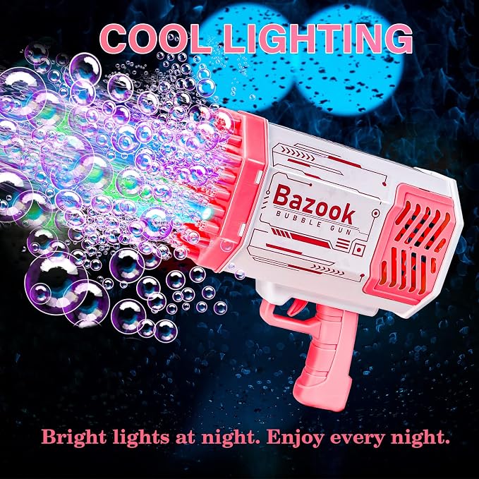 A pink and white toy Bazook bubble gun with glowing multicolor bubble effects and text overlays reading 'COOL LIGHTING' and 'Bright lights at night. Enjoy every night.