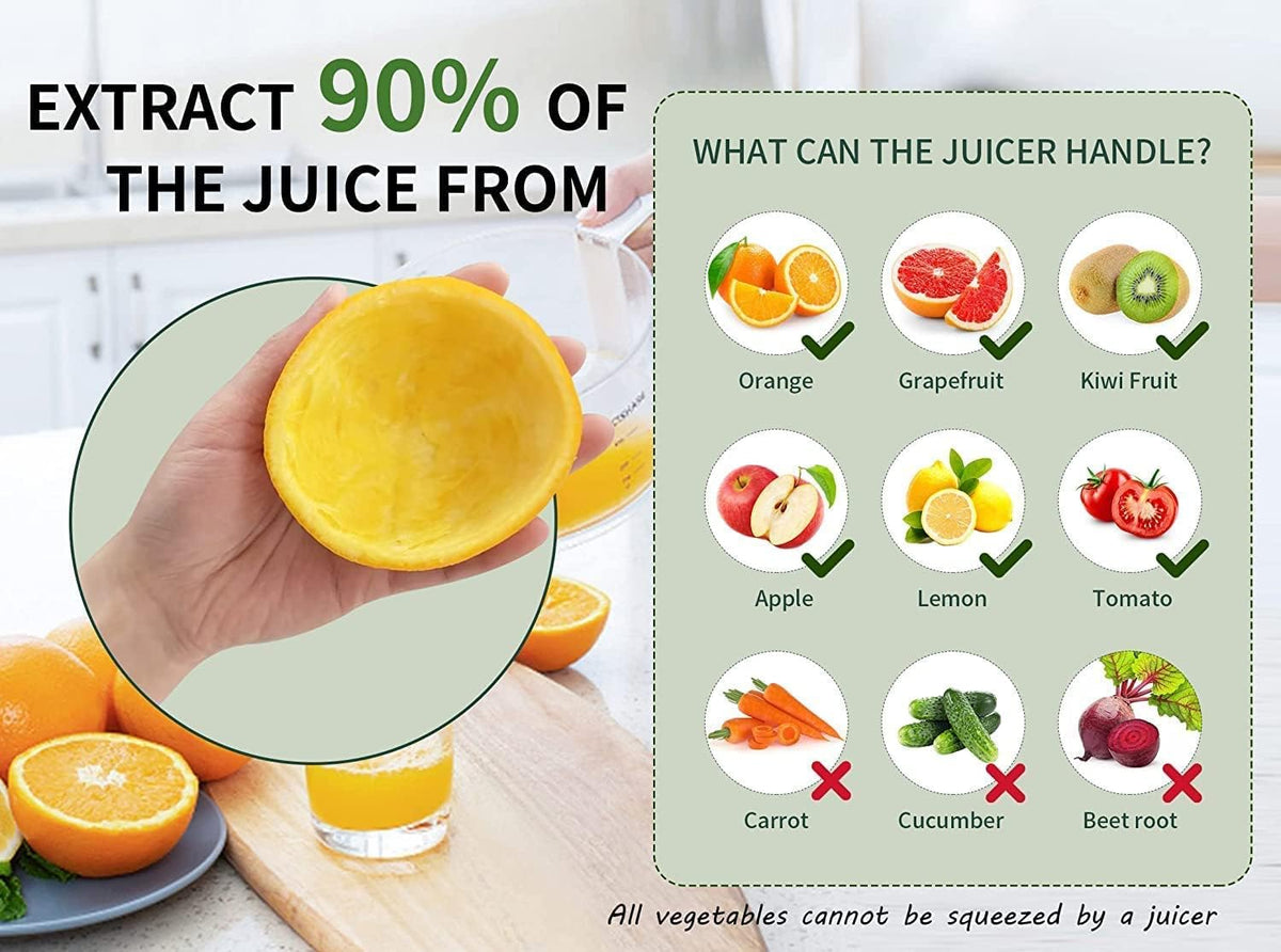 Juicer handle with fruit options and a person squeezing an orange.