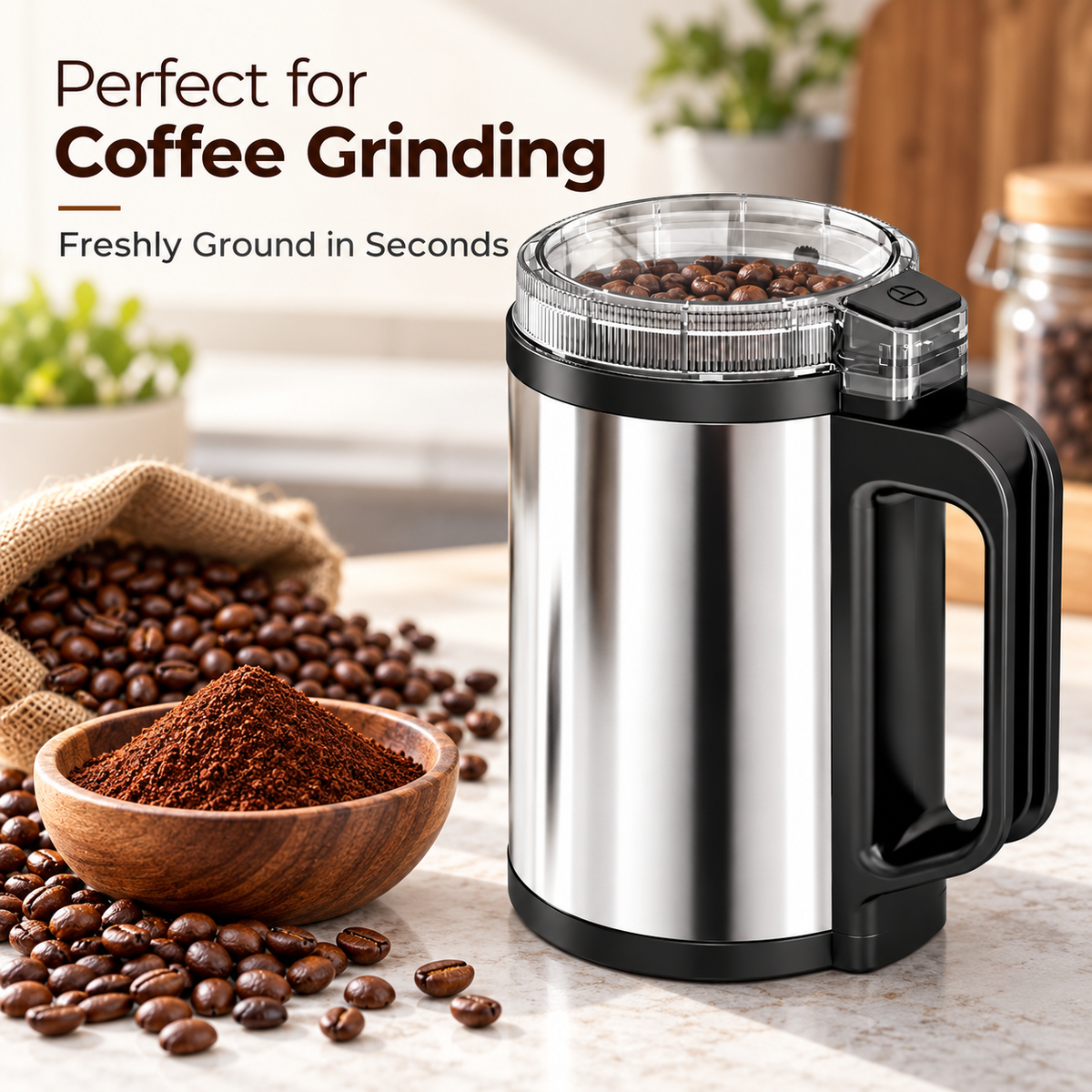 A stainless steel coffee grinder with a black handle and base, shown on a countertop with coffee beans, a bowl of ground coffee, and text reading 'Perfect for Coffee Grinding Freshly Ground in Seconds'.