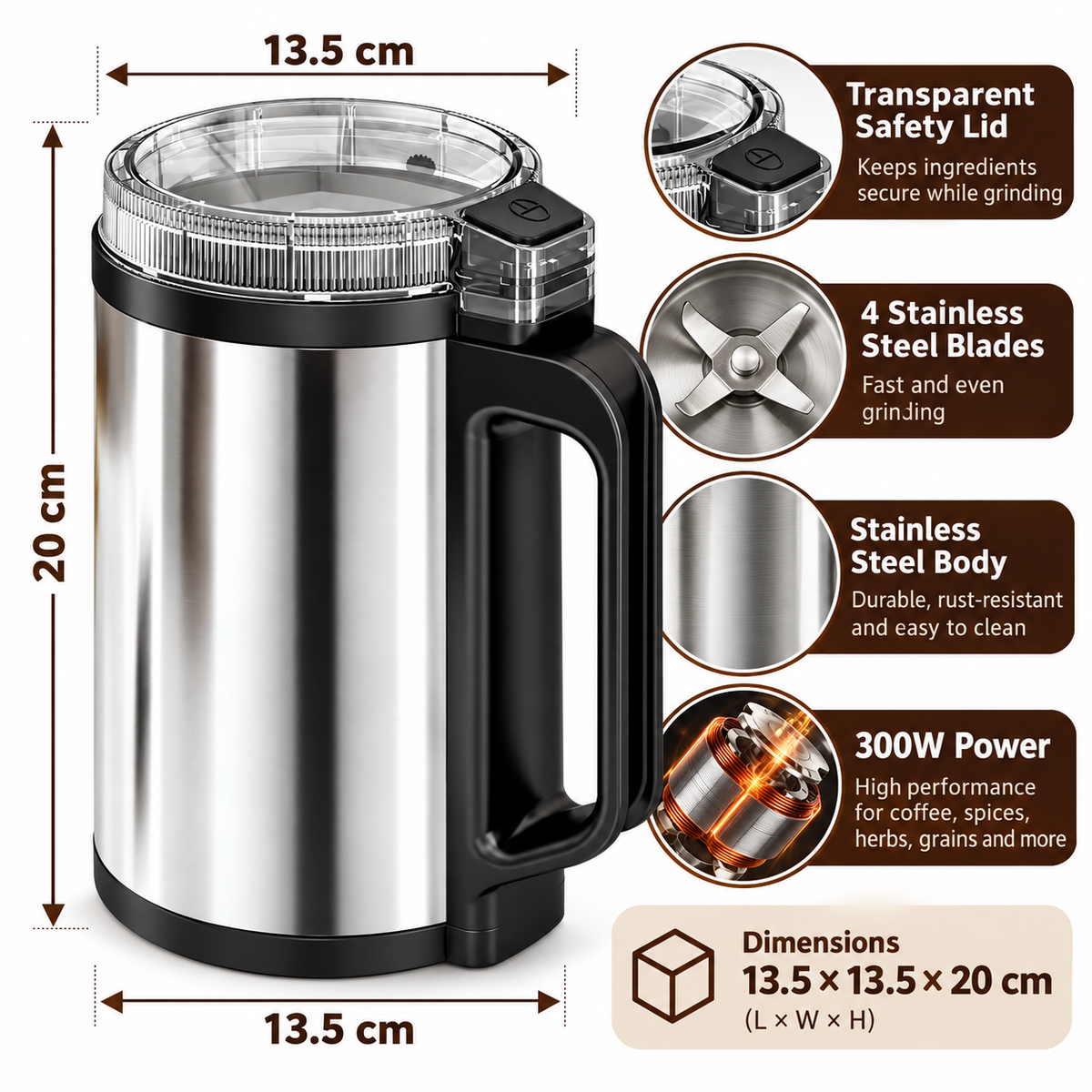 A stainless steel coffee grinder with a clear lid and black handle, shown with dimension labels (13.5 cm x 20 cm x 13.