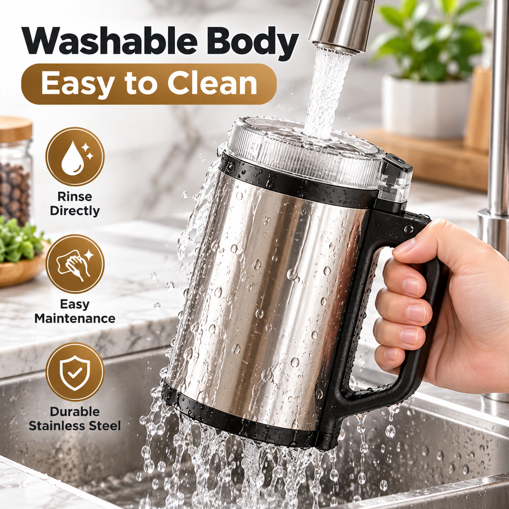 A stainless steel travel mug with a black handle and rim, being rinsed under running water in a kitchen sink. A hand holds the mug, and marketing text on the left reads 'Washable Body', 'Easy to Clean', with icons for rinsing directly, easy maintenance, and durable stainless steel.