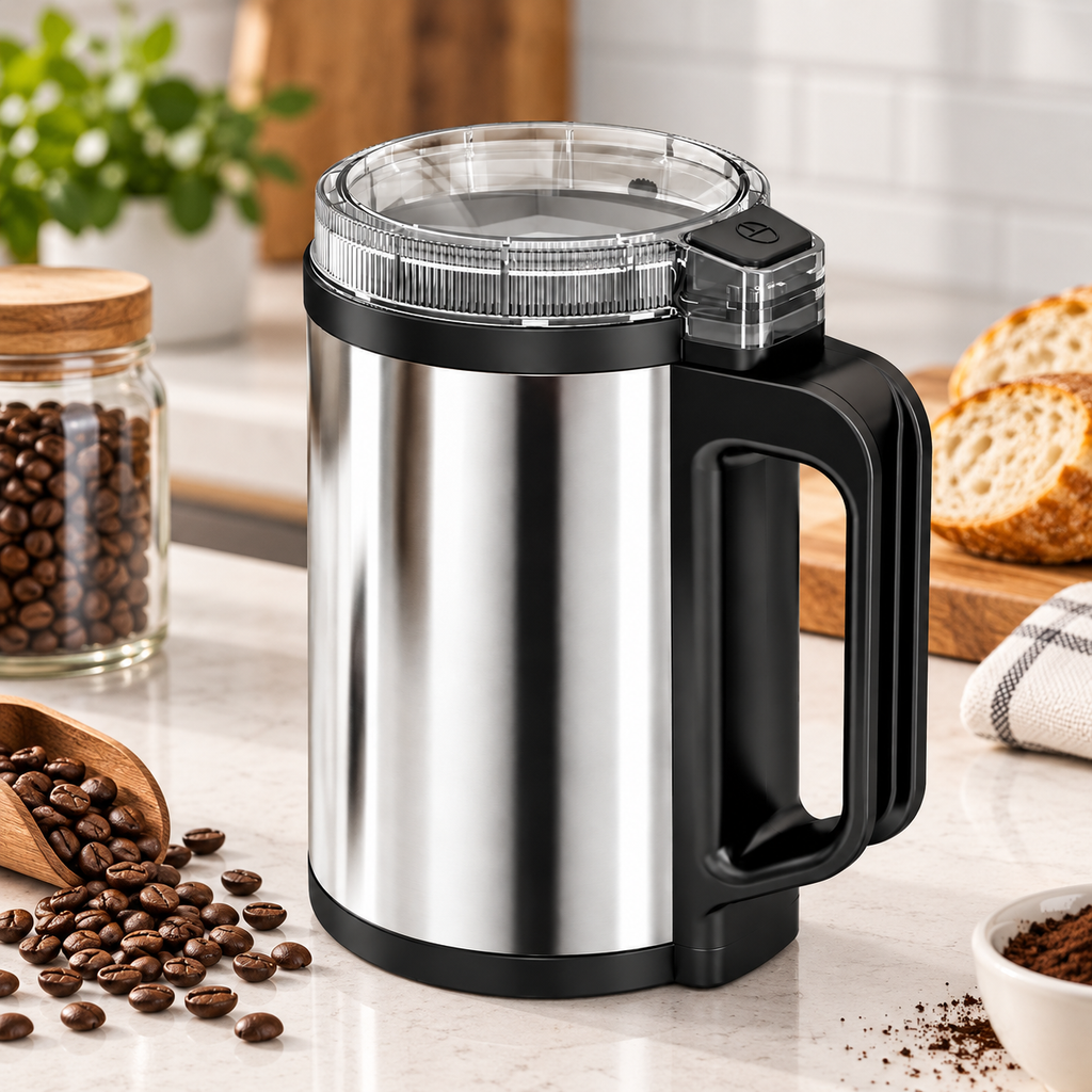 A stainless steel coffee grinder with a black handle and clear lid, shown on a kitchen countertop with coffee beans, bread, and a jar in the background.