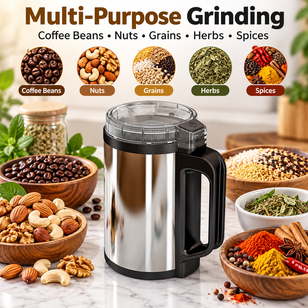 A stainless steel and black multi-purpose electric grinder shown on a marble countertop, surrounded by bowls of coffee beans, nuts, grains, herbs, and spices. The top of the image features the text 'Multi-Purpose Grinding' with icons illustrating the grinder's versatility.