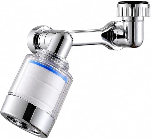 A chrome-finished water filter attachment for a faucet, shown mounted on a wall with a clear cylindrical filter body and a blue accent ring, on a white background.