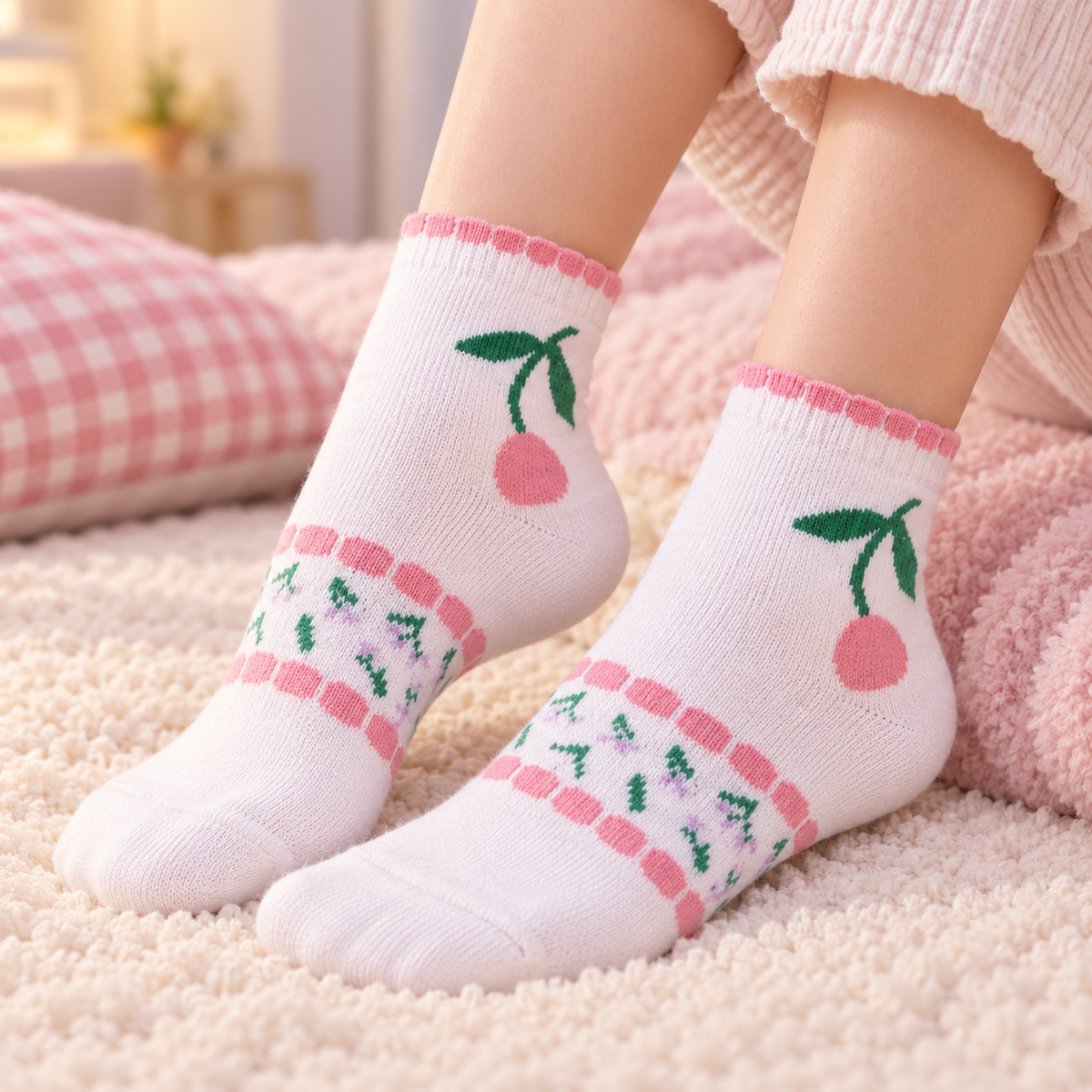 White ankle socks with pink and green cherry and floral patterns, worn on feet in a cozy bedroom setting.