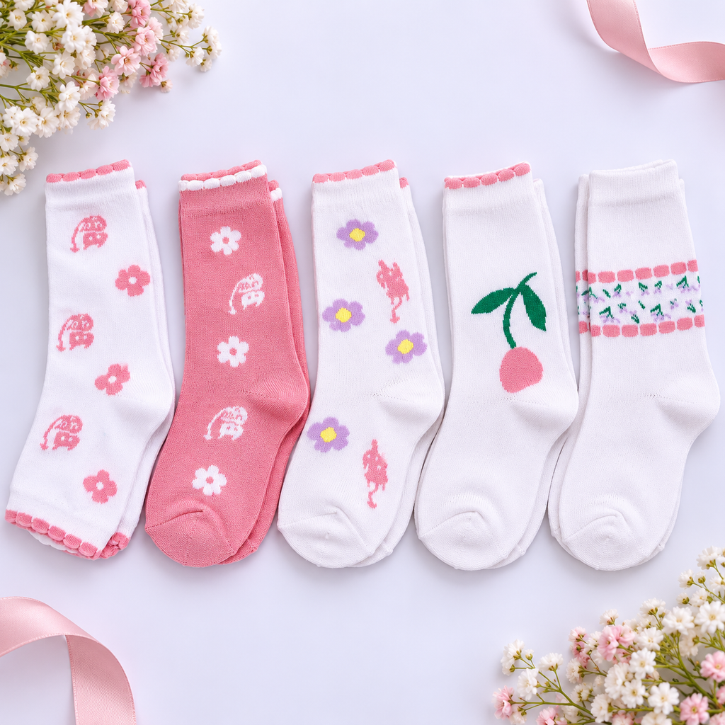 Five pairs of children's socks arranged in a row on a light background with floral and ribbon props. The socks are mostly white and pink, decorated with flowers, bunnies, a cherry, and a striped pattern.