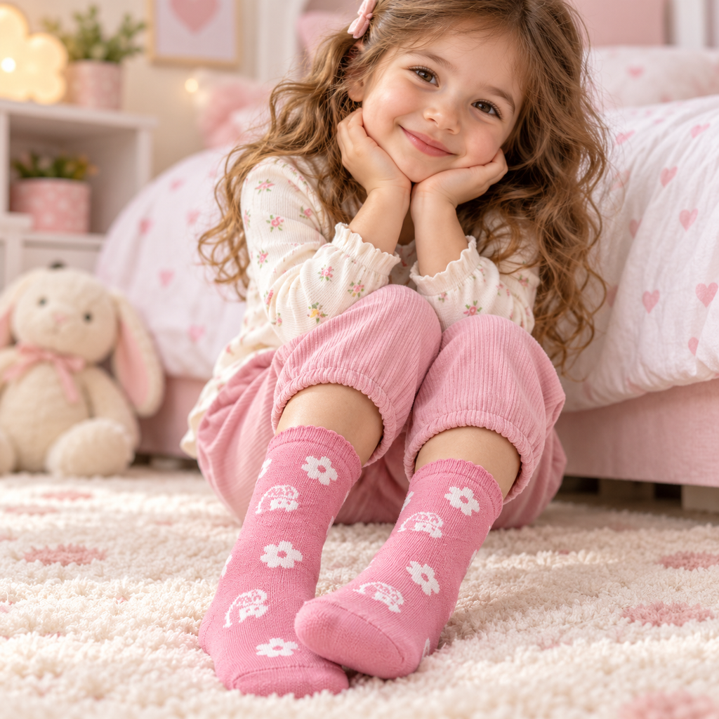 A young girl with long curly brown hair sits on a fluffy cream rug in a pink bedroom, wearing pink knit pants and matching pink socks with white flower and bunny prints. She is posed with her hands under her chin, with a plush bunny toy and a bed with pink heart-patterned bedding in the background.