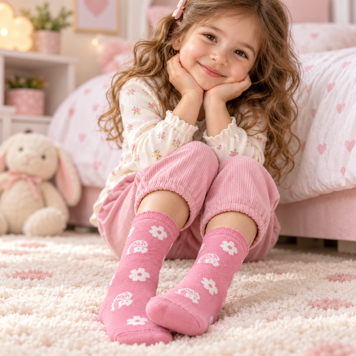 A young girl with long curly brown hair sits on a fluffy cream rug in a pink bedroom, wearing pink knit pants and matching pink socks with white flower and bunny prints. She is posed with her hands under her chin, with a plush bunny toy and a bed with pink heart-patterned bedding in the background.