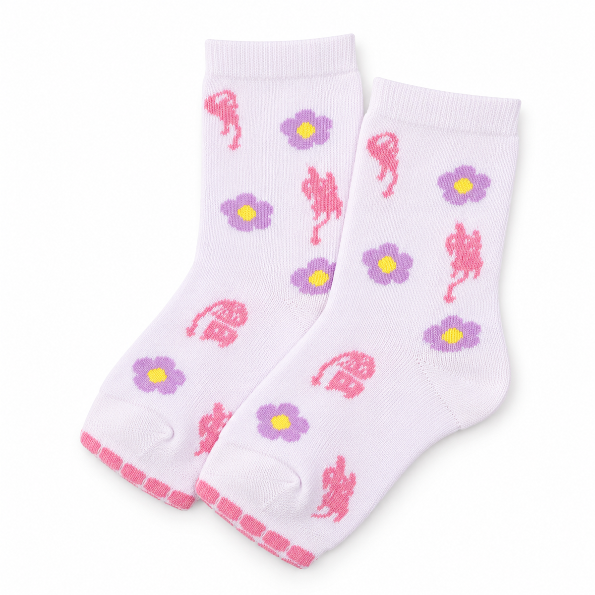 A pair of white crew socks with a pattern of pink horse silhouettes and purple flowers with yellow centers, displayed on a clean white background.
