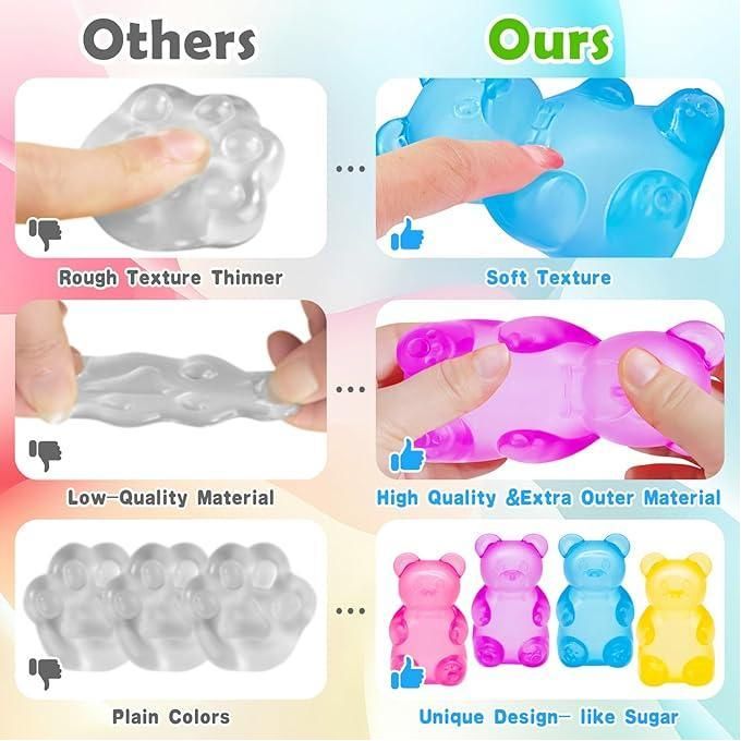 A comparison graphic titled 'Others' vs 'Ours' showing translucent bear-shaped gel items being squeezed by hands. The left column labeled 'Others' shows a rough, thinner, low-quality translucent gray item.