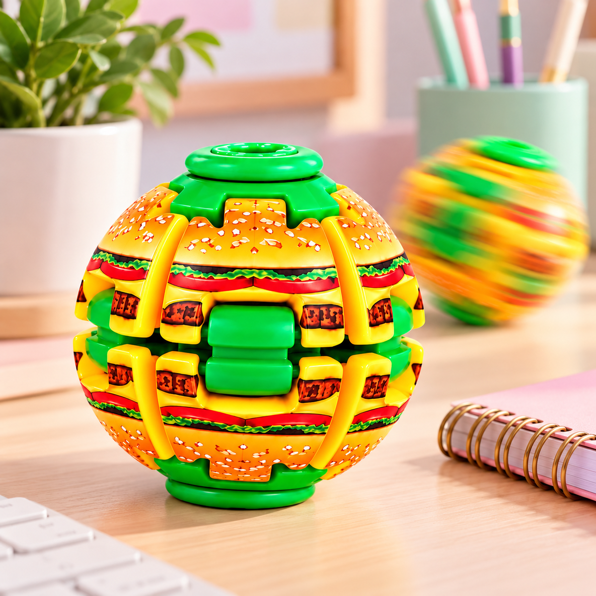 A colorful spherical puzzle toy designed to look like a hamburger, with yellow buns, green lettuce, red tomato, and brown patties, shown on a desk with a blurred matching toy in the background.