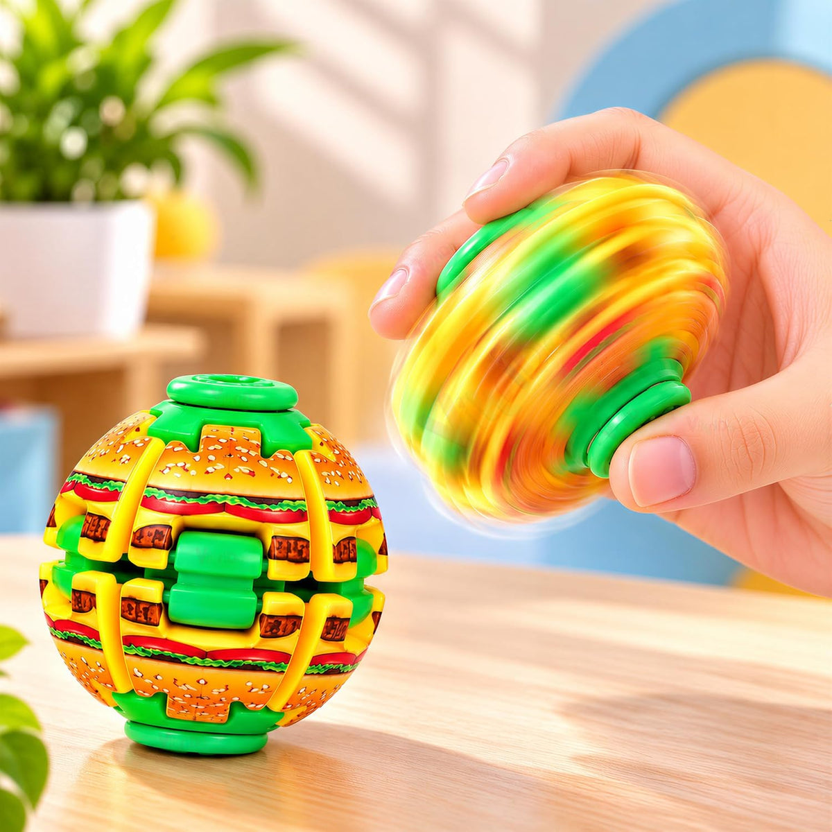 A hand holds a colorful spiral-shaped toy while another matching toy sits on a wooden table. The toy features a burger pattern with green, yellow, brown, and red details, set against a softly blurred indoor background.