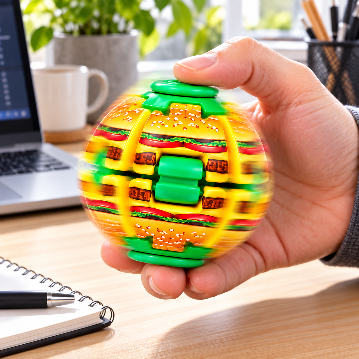 A hand holding a colorful spherical puzzle toy with a burger print, set against a blurred desk background with a laptop, mug, and notebook.