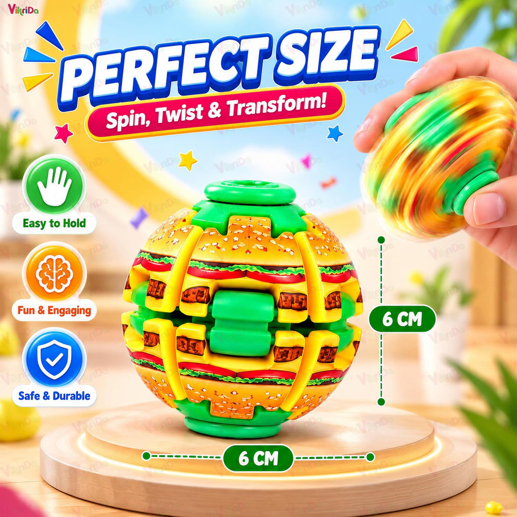 A colorful spherical toy with a burger pattern, shown on a wooden platform with a hand holding a matching spinning version. Large text reads 'PERFECT SIZE' and 'Spin, Twist & Transform!' with size callouts of 6 cm.