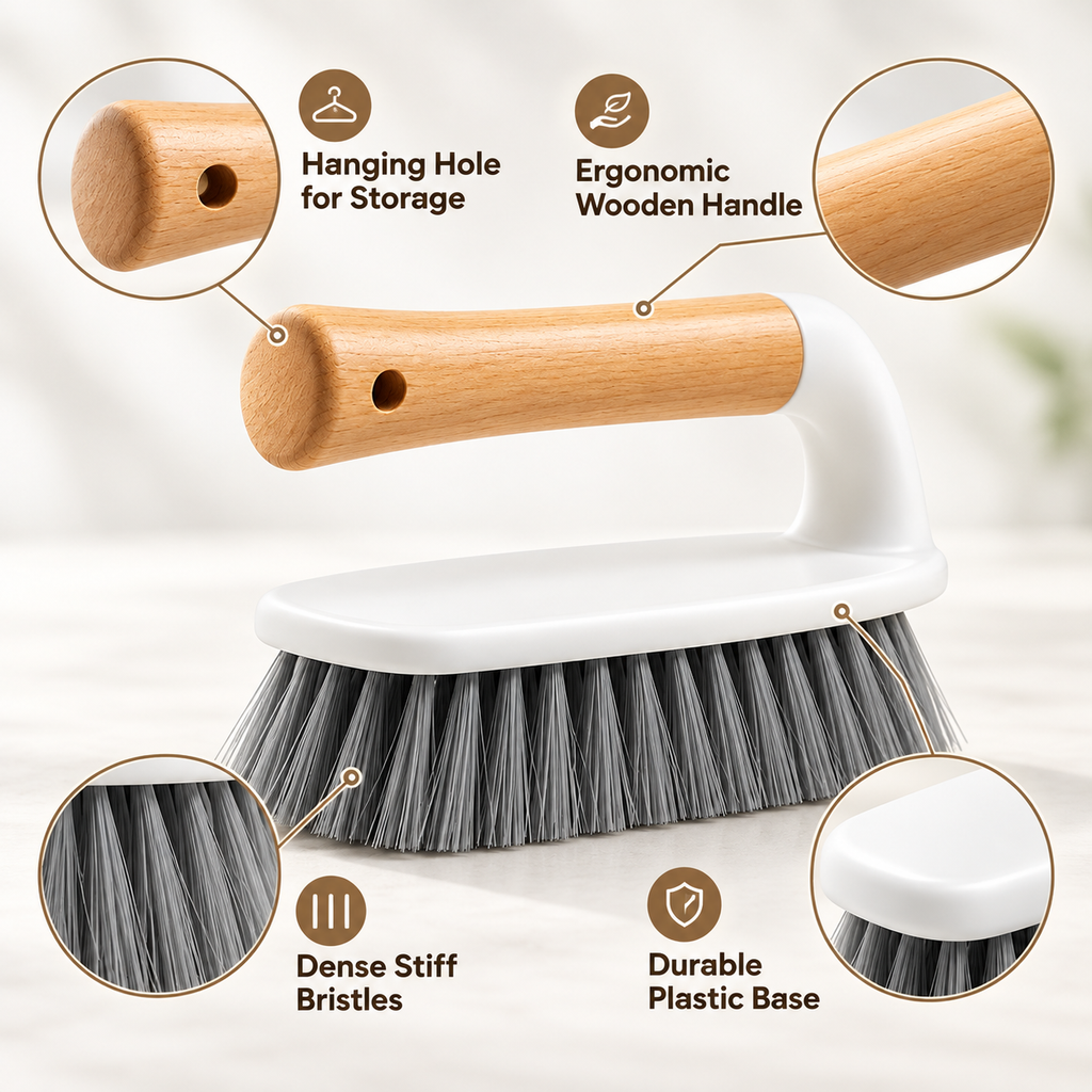 A cleaning brush with a light wood handle and white plastic base, shown with callout circles and text highlighting features such as a hanging hole, ergonomic wooden handle, dense stiff bristles, and durable plastic base.