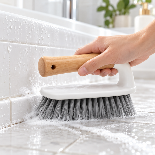A hand holding a white and light wood-handled cleaning brush with gray bristles, scrubbing a tiled bathroom corner with soapy water.