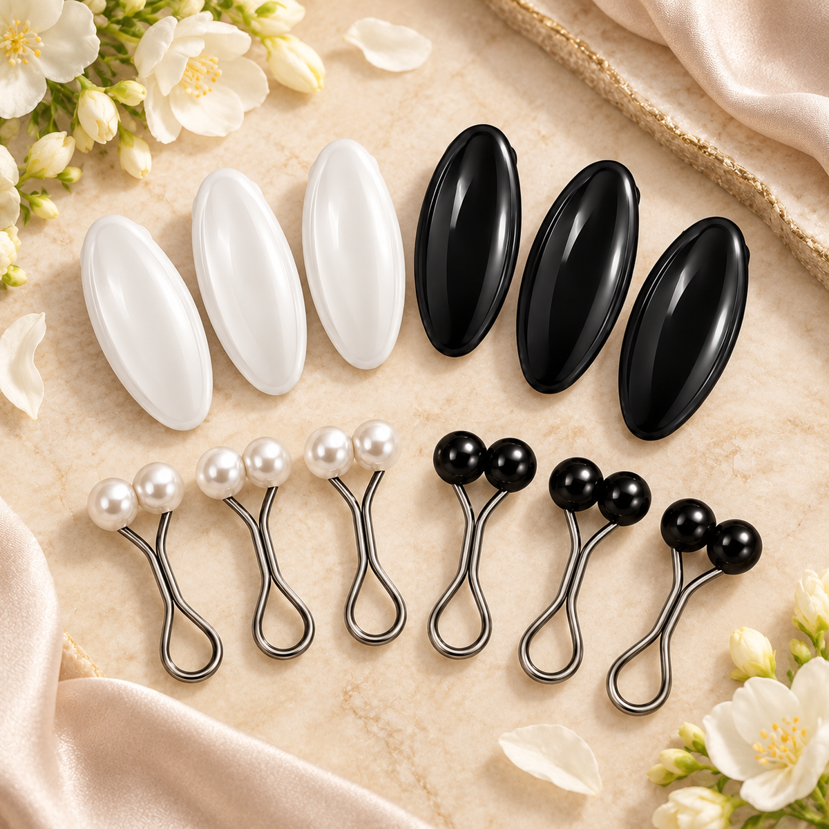 Six pairs of facial gua sha massage tools arranged on a beige marble-like surface with soft satin fabric and white flowers. The set includes four glossy white oval tools and four glossy black oval tools, plus four pearl ball massage heads on curved metal handles and four black ball massage heads on curved metal handles.