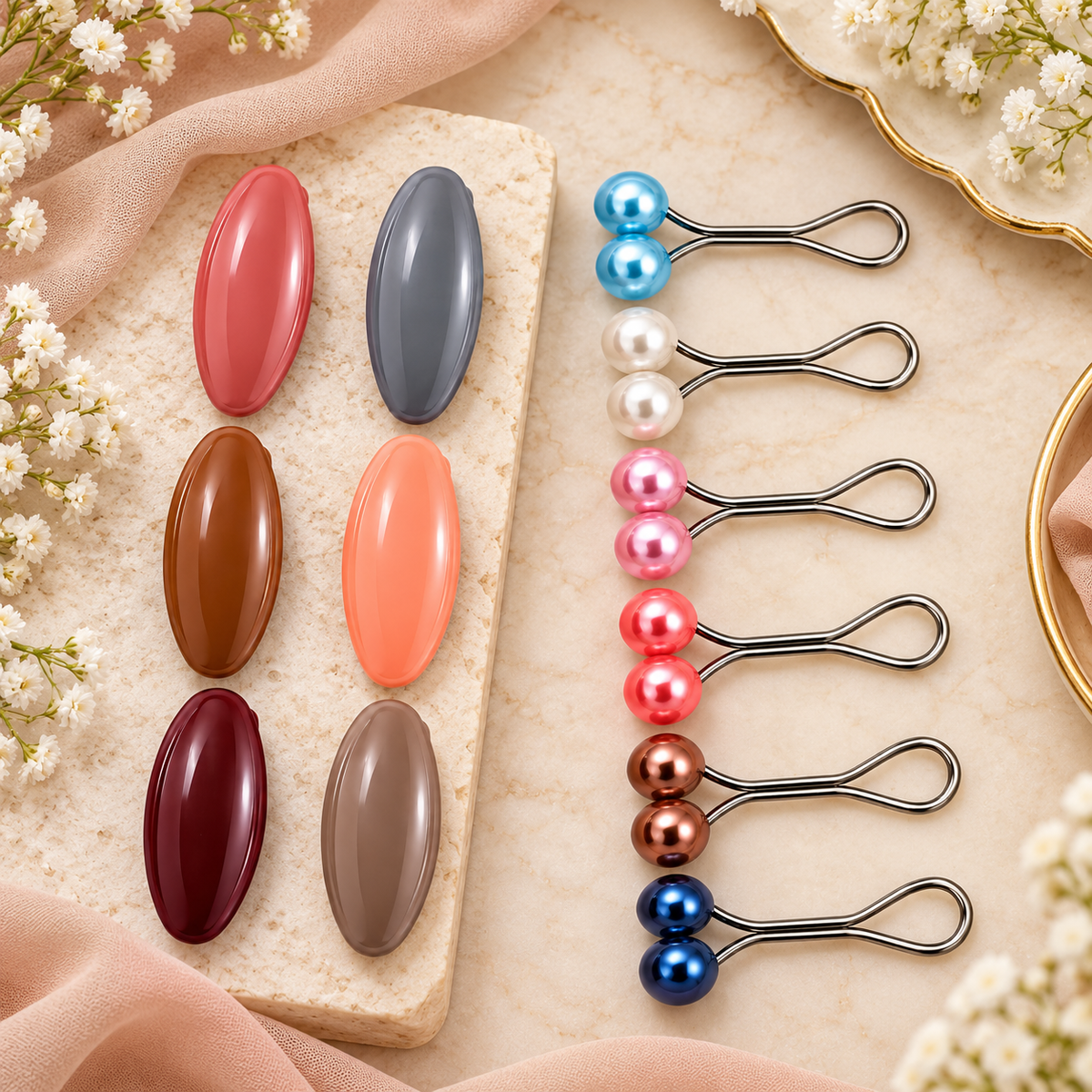 Two sets of oval-shaped facial massage rollers arranged on a beige stone slab with soft pink fabric and white flowers. One set has smooth glossy oval ends in coral, charcoal, caramel, and burgundy shades.