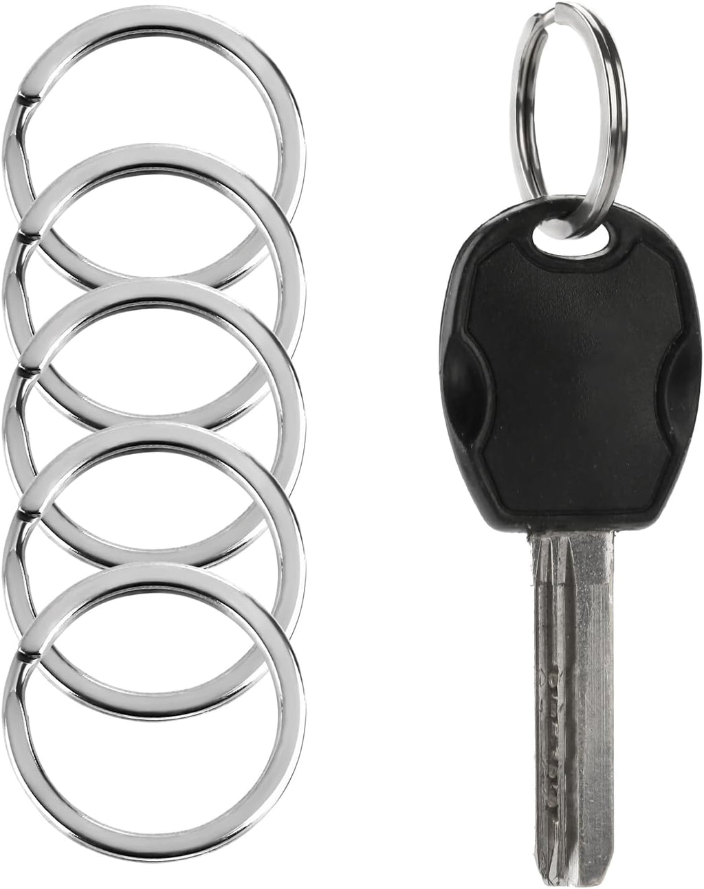 Six silver metal key rings displayed on the left, next to a key with a black plastic head and a silver ring on the right, all on a plain white background.