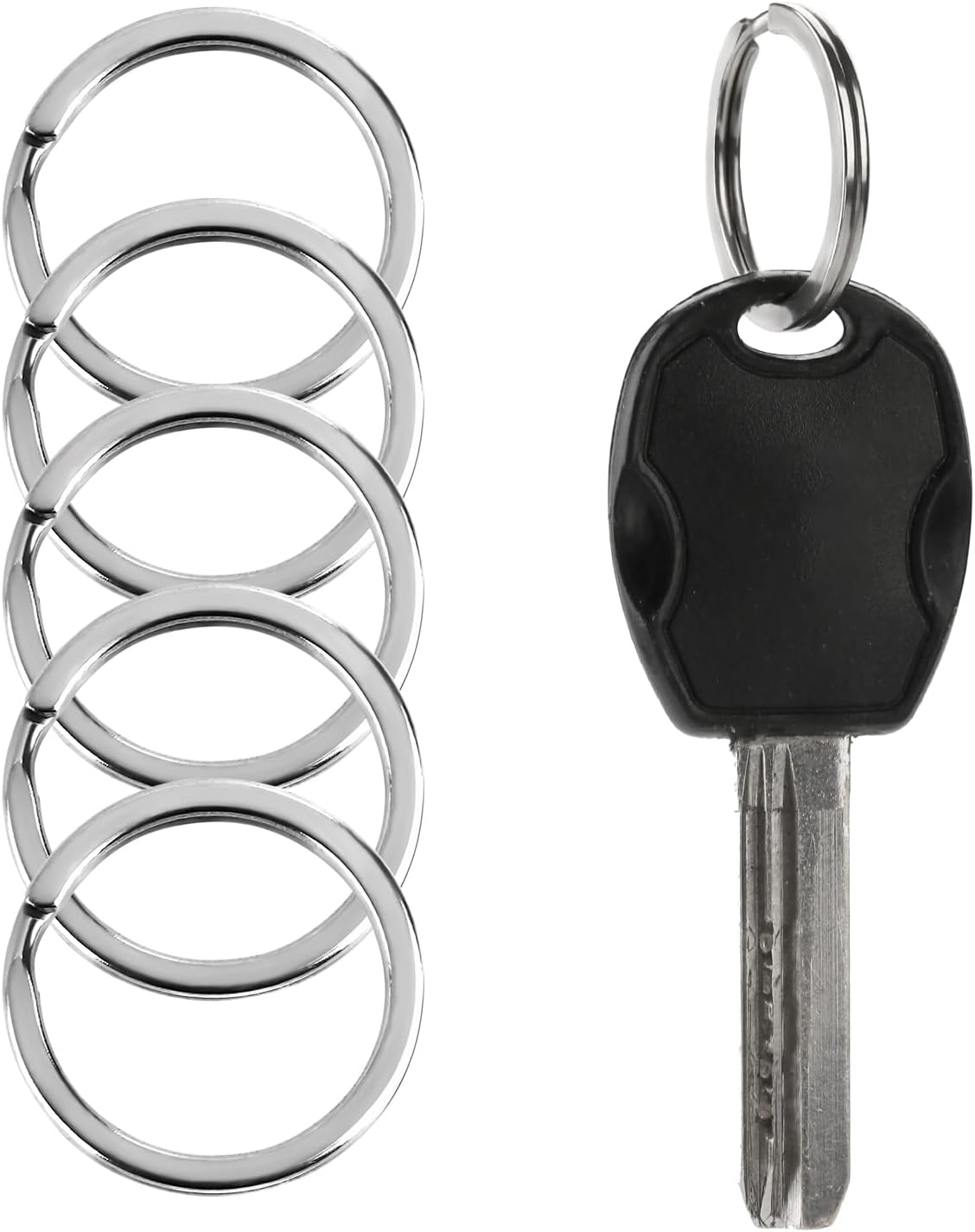 Six silver metal key rings displayed on the left, next to a key with a black plastic head and a silver ring on the right, all on a plain white background.