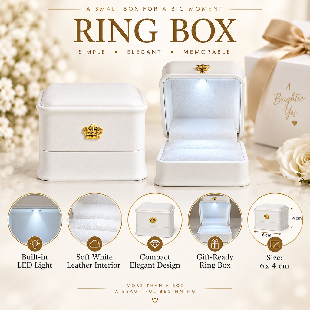 White leather ring box with a gold crown emblem, shown closed and open with built-in LED lighting. The image includes marketing text, size details, and circular feature callouts on a soft beige background with floral props.