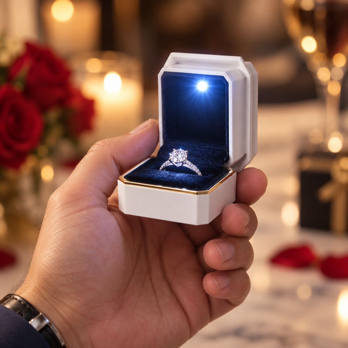 A hand holds an open white ring box with a sparkling diamond engagement ring inside, set against a romantic blurred background of red roses, candles, and a champagne glass.