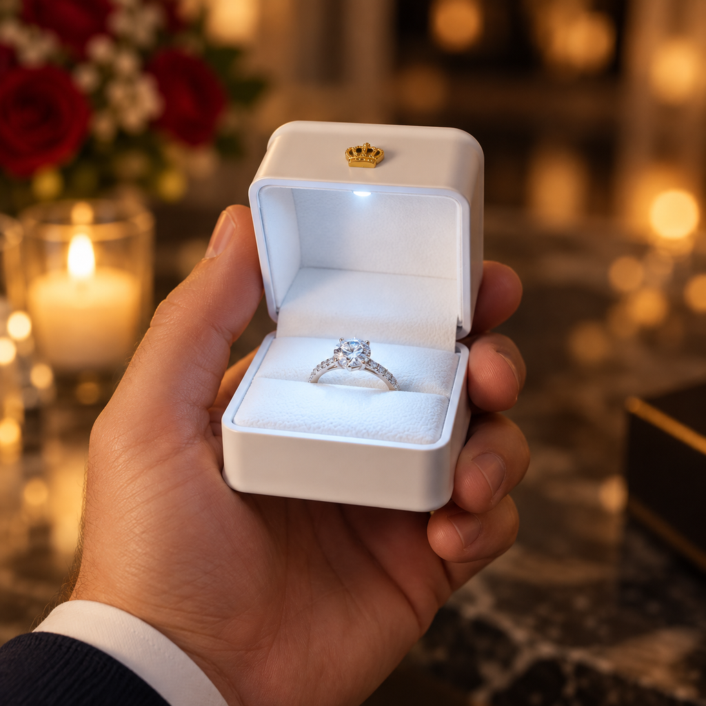A hand holds an open white ring box with a small gold crown emblem on the lid, displaying a silver-toned ring with a clear center stone. The background is softly blurred with warm candlelight and red flowers.