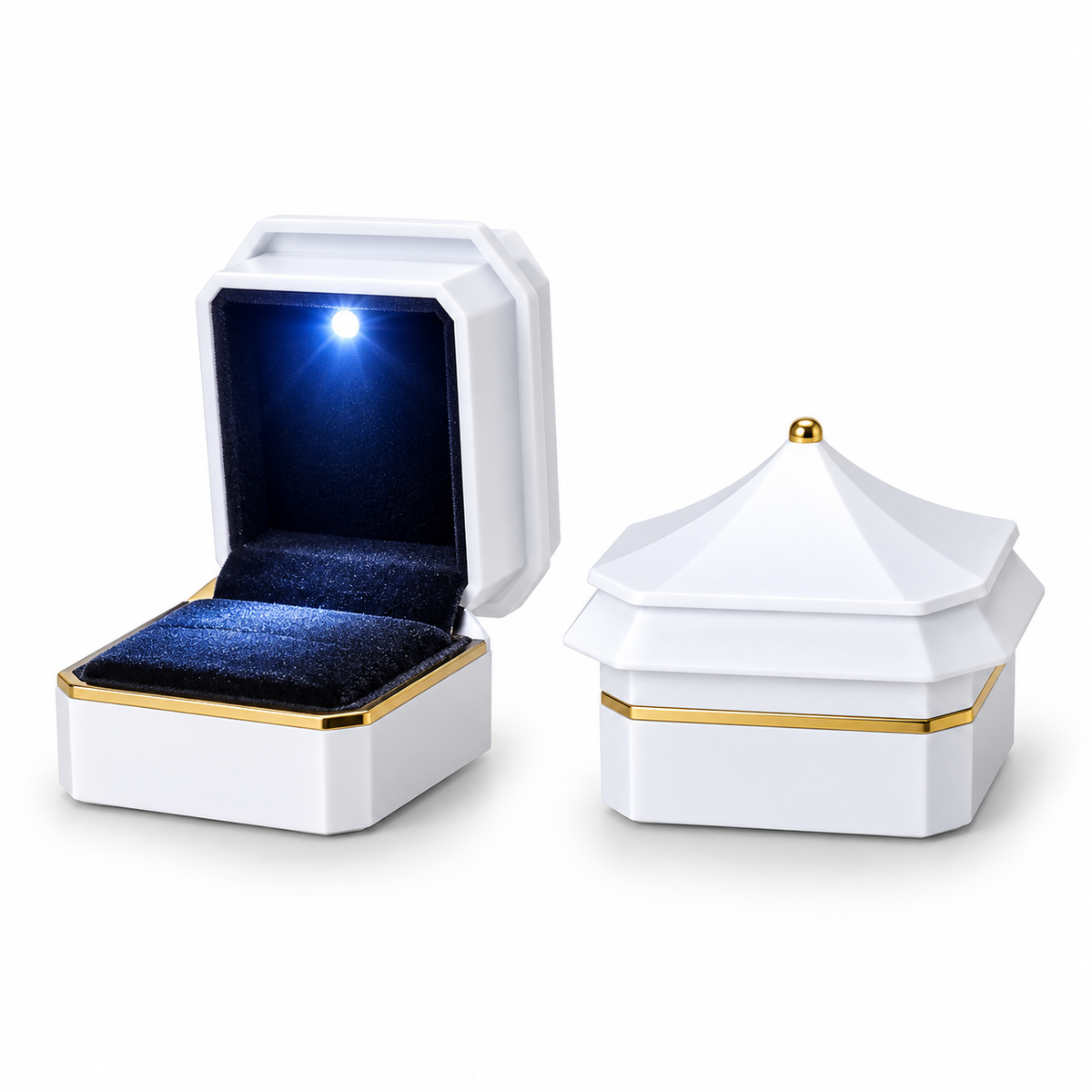 7AGAT Shopping LED ring box open and closed view with black velvet interior
