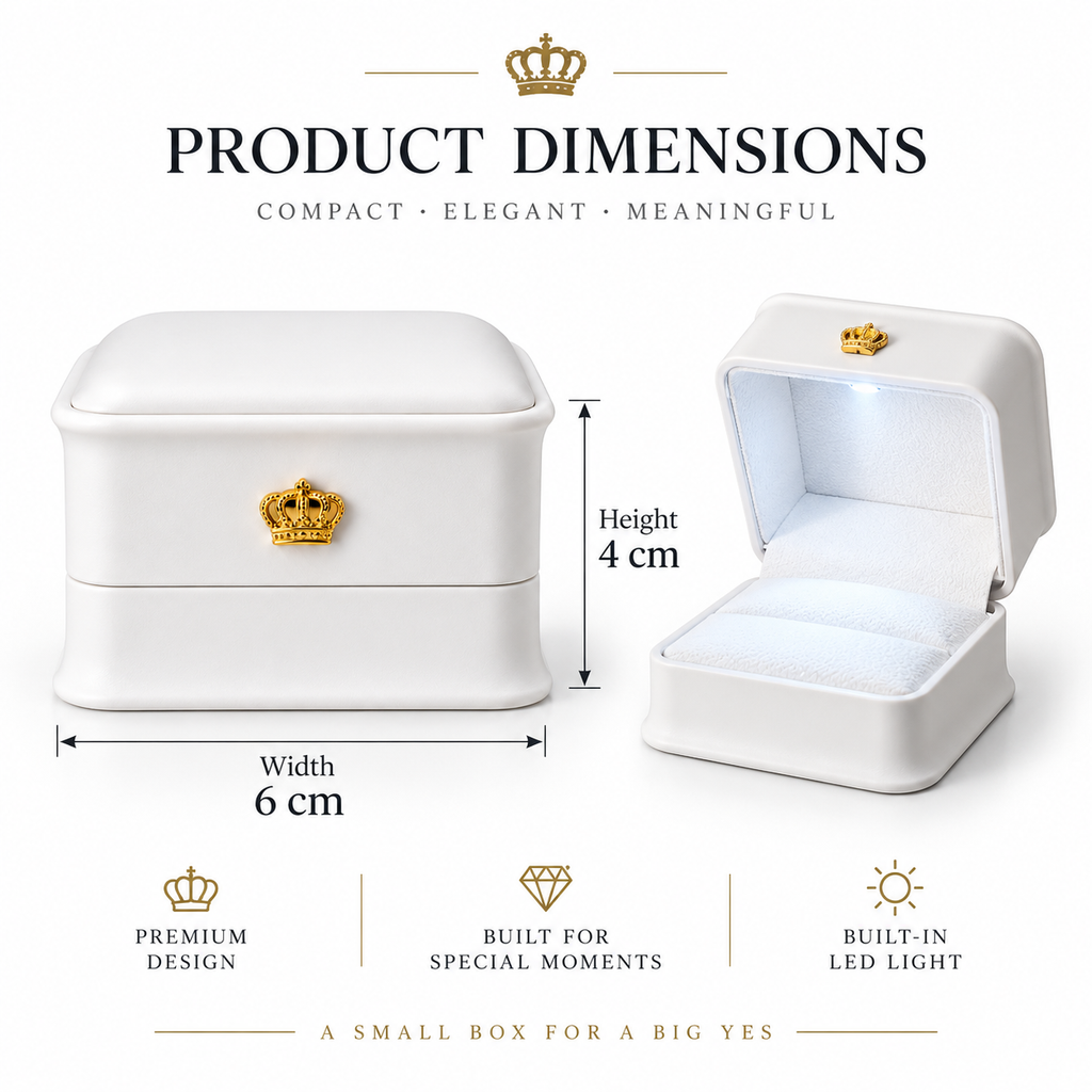 Product dimensions diagram showing a small white jewelry box with a gold crown clasp, closed on the left and open on the right, with labeled measurements of 6 cm width and 4 cm height on a white background.
