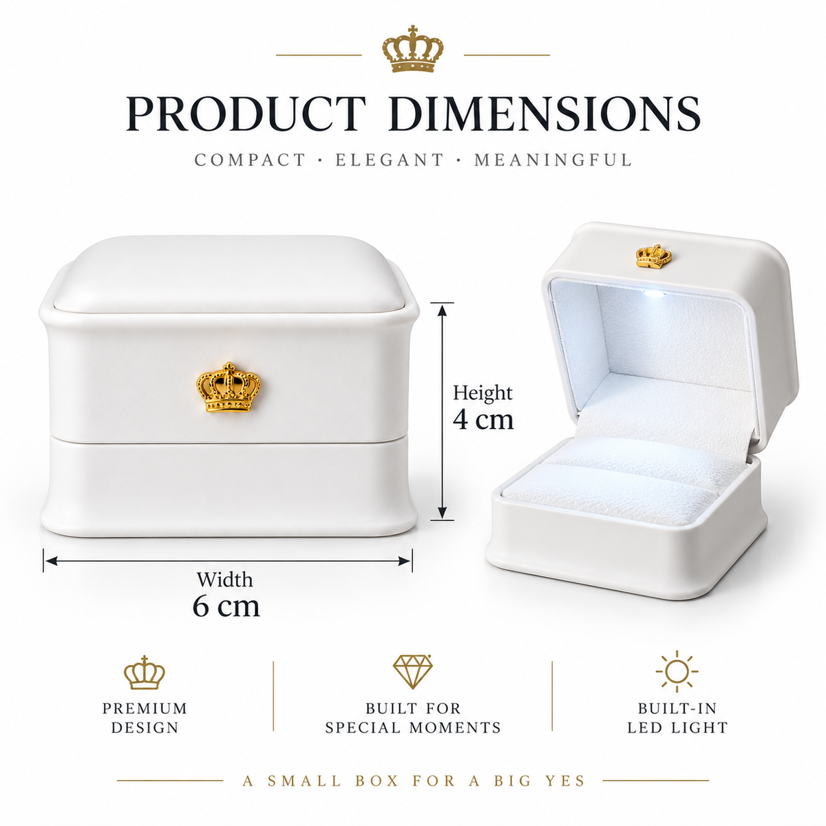 Product dimensions diagram showing a small white jewelry box with a gold crown clasp, closed on the left and open on the right, with labeled measurements of 6 cm width and 4 cm height on a white background.