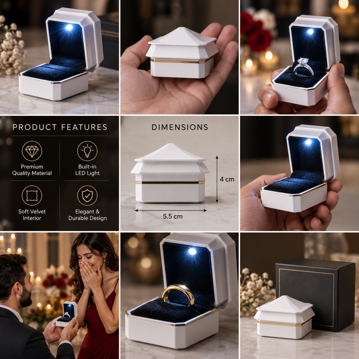 A 3x3 collage showing a white house-shaped LED ring light box from multiple angles, including open views with blue LED illumination, a hand holding it, a product features panel, dimensions labeled 5.5 cm by 4 cm, a ring displayed inside, and a couple receiving a ring.