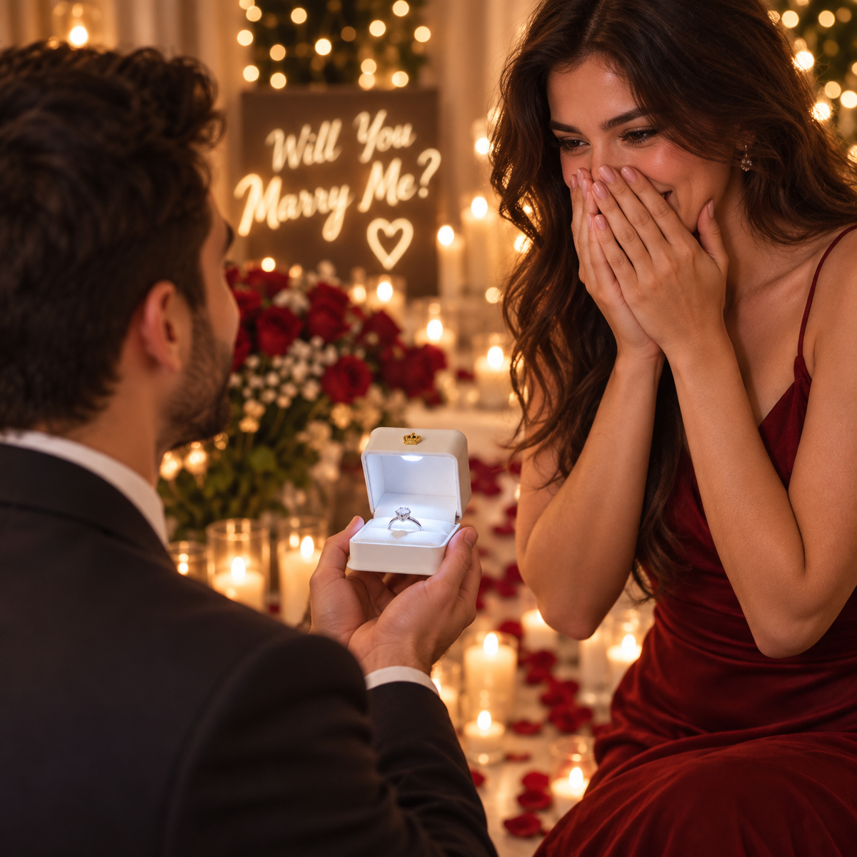 A man in a dark suit holds an open white ring box with a ring inside, facing a woman in a red dress who is covering her mouth in surprise. The background is warmly lit with candles, flowers, and a glowing 'Will You Marry Me?' sign.