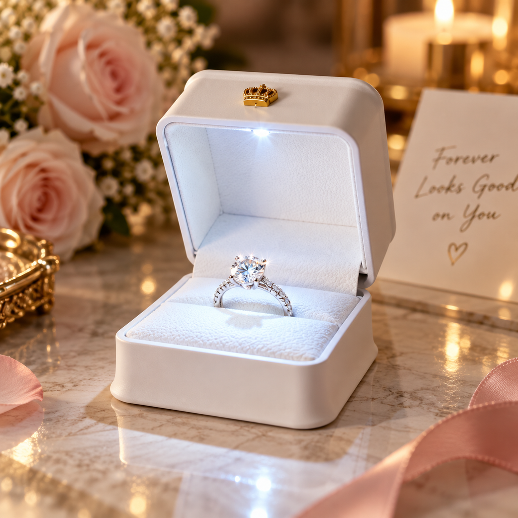 A white square ring box with a small gold crown emblem on the lid, open to display a silver-toned ring with a clear center stone. The box sits on a marble surface with soft pink roses, candles, and a card reading 'Forever Looks Good on You' in a warm, romantic setting.