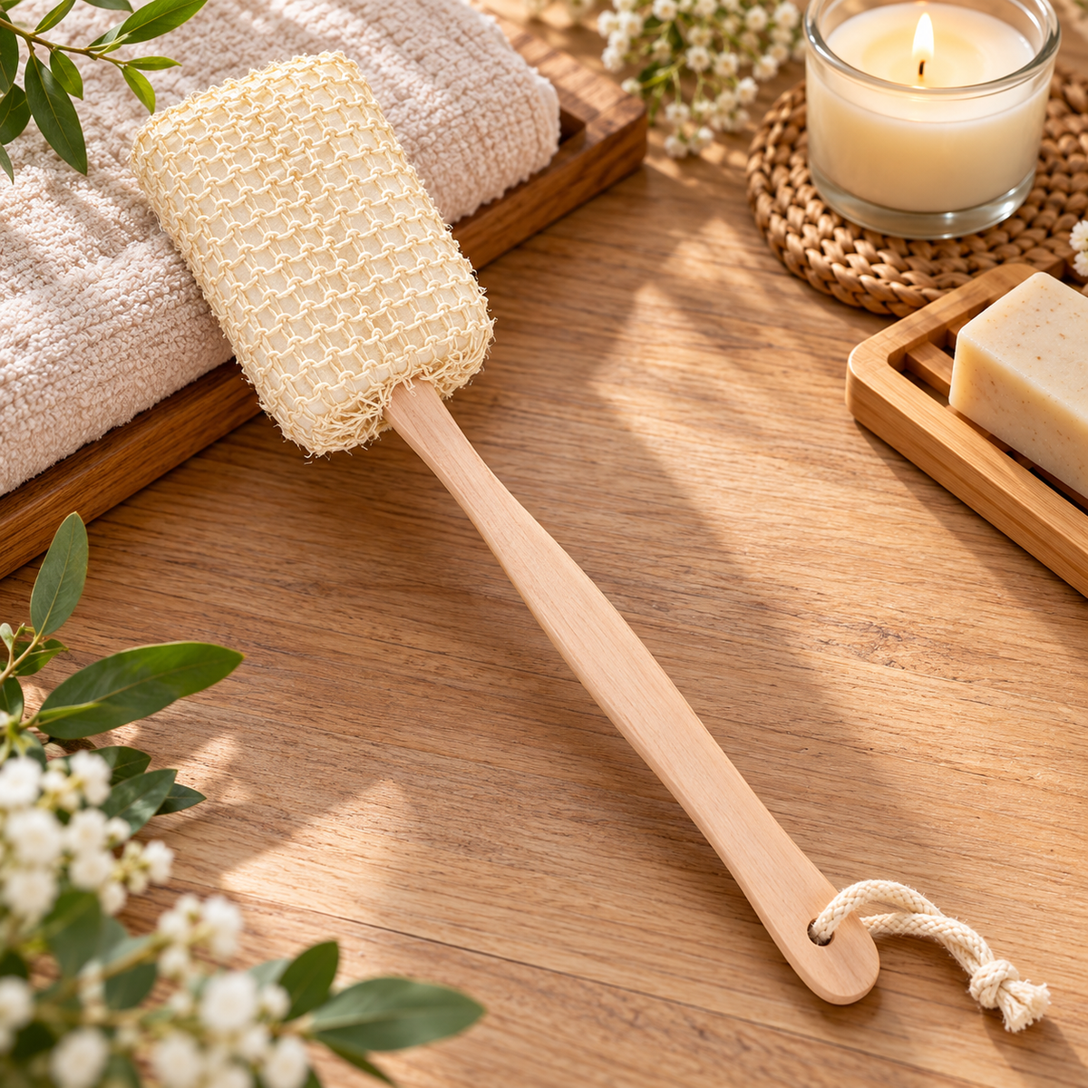 A natural loofah bath scrubber with a light wood handle and rope loop, styled on a wooden surface with a towel, candle, soap, and greenery.
