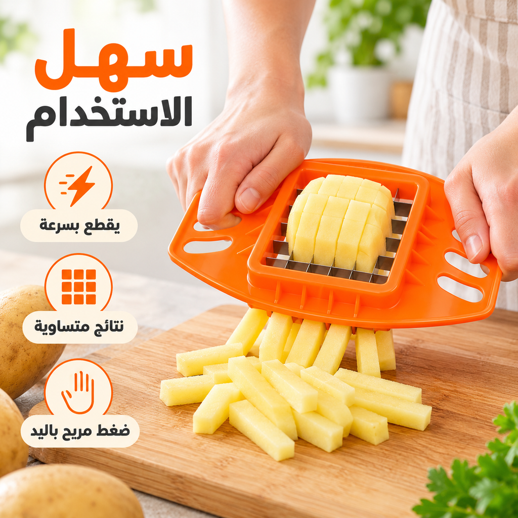 An orange potato cutter/slicer being used by a person to cut potatoes into sticks on a wooden cutting board, with Arabic text and feature icons overlaid on the left side.
