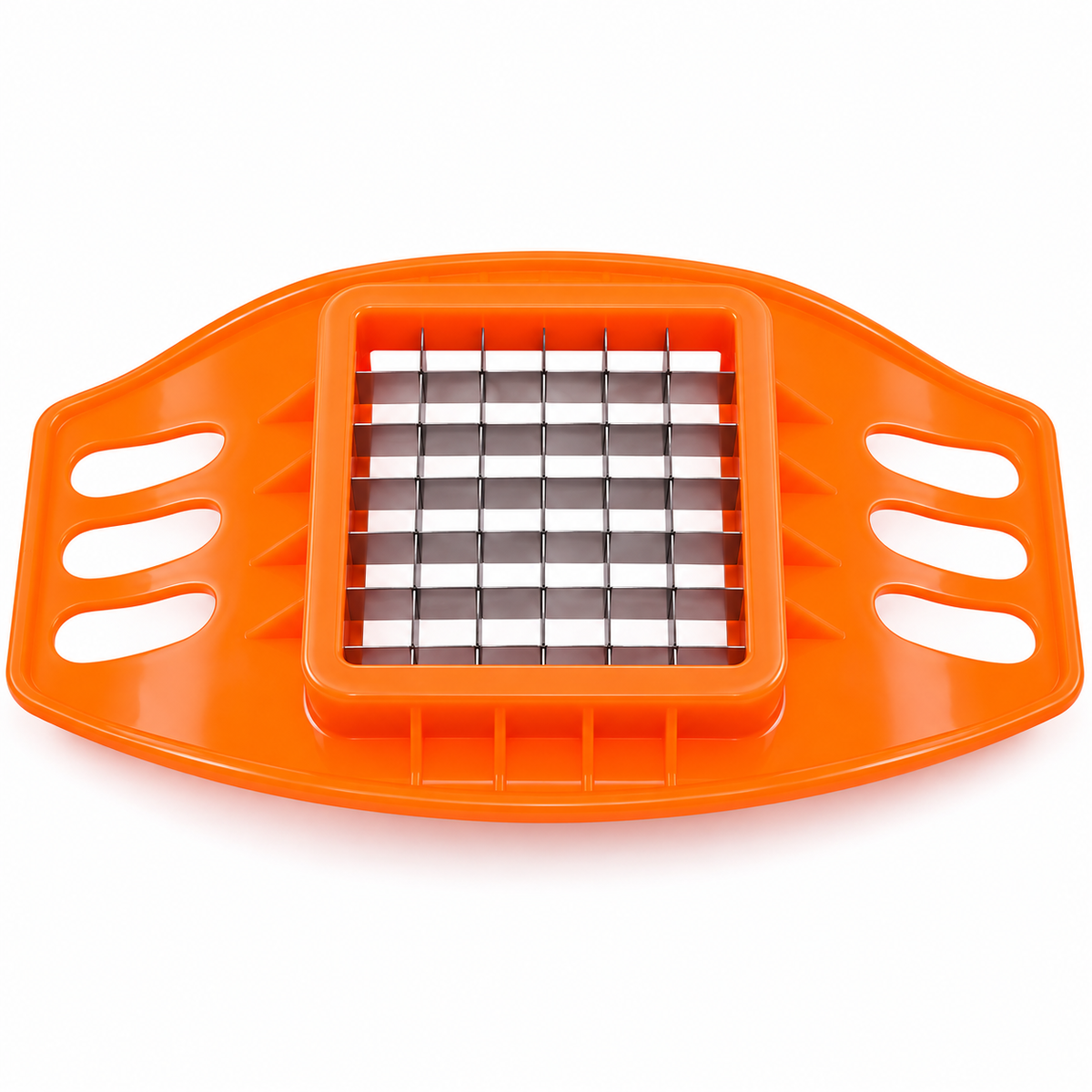 An orange plastic potato masher with a central metal grid cutter, shown on a plain white background.