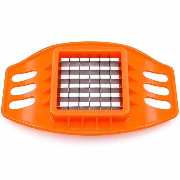 An orange plastic potato masher with a central metal grid cutter, shown on a plain white background.