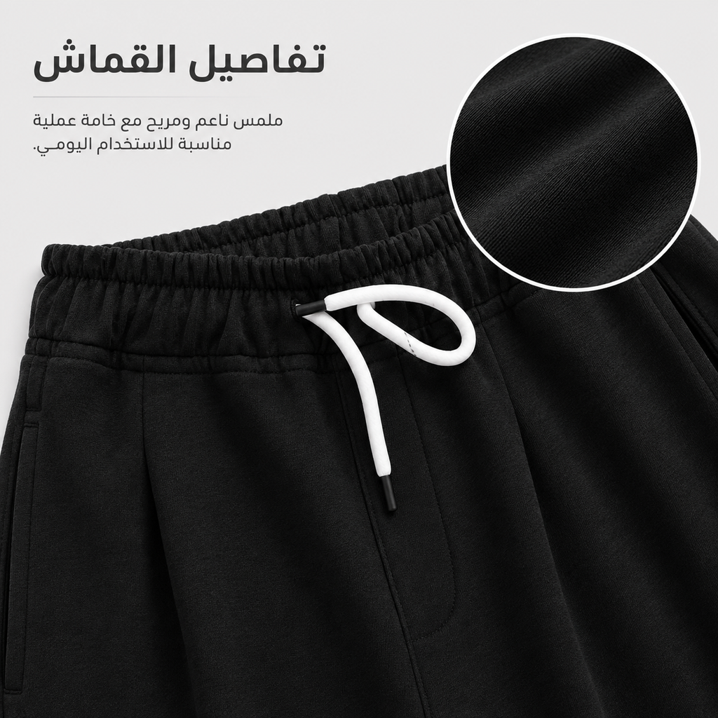 Black sweatpants with a white drawstring, shown with Arabic text and a circular fabric close-up inset on a light gray background.7AGAT Shopping melton sweatpants drawstring elastic waist close-up
