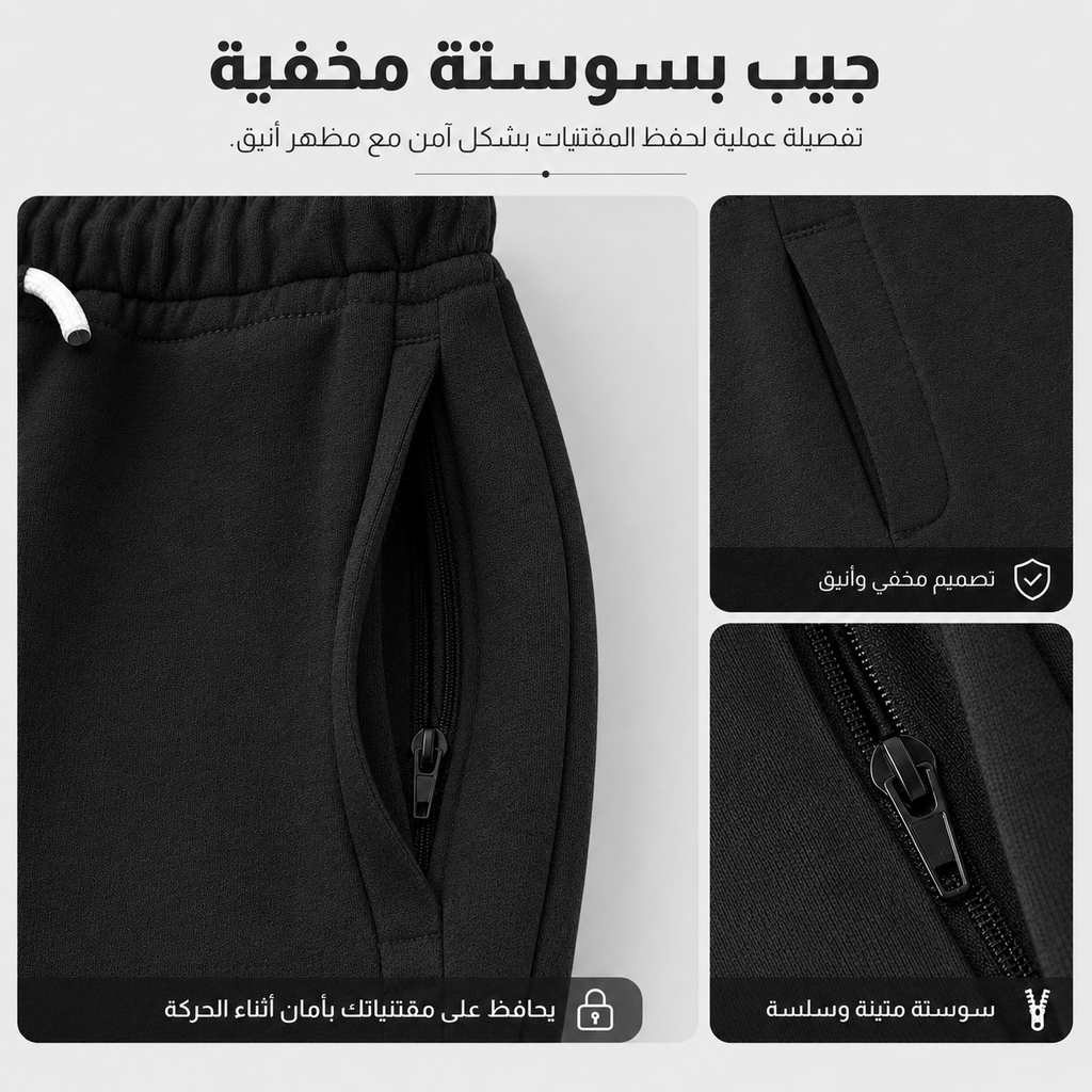 Black drawstring pants with a zippered side pocket, shown with Arabic marketing text and three detail inset images highlighting the pocket, fabric texture, and zipper.7AGAT Shopping melton sweatpants hidden zipper pocket detail
