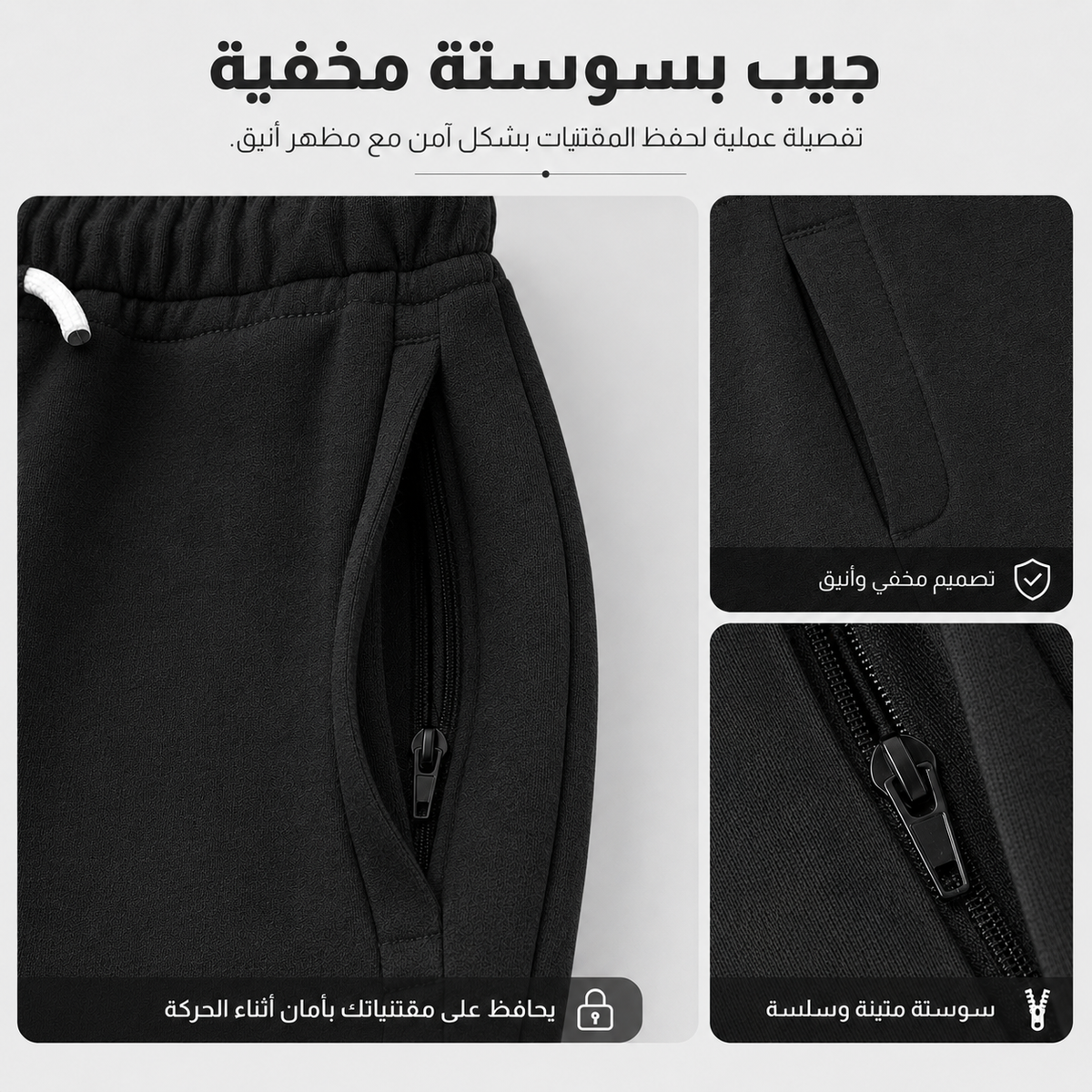 Black drawstring pants with a zippered side pocket, shown with Arabic marketing text and three detail inset images highlighting the pocket, fabric texture, and zipper.7AGAT Shopping melton sweatpants hidden zipper pocket detail

