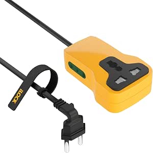 A yellow and black UK three-pin wall power adapter with a black cable and plug, shown on a plain white background.