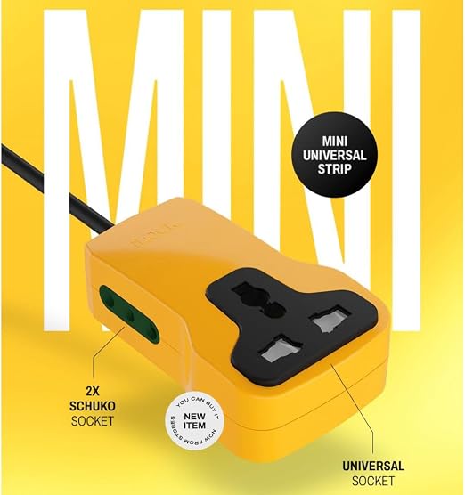 Yellow mini universal strip power adapter with black plug sockets, shown on a yellow background with white 'MINI' text and callout labels.