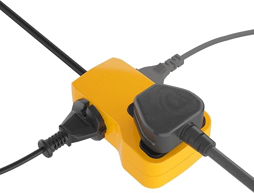A yellow three-pin power strip with black cords and plugs, shown on a plain white background.